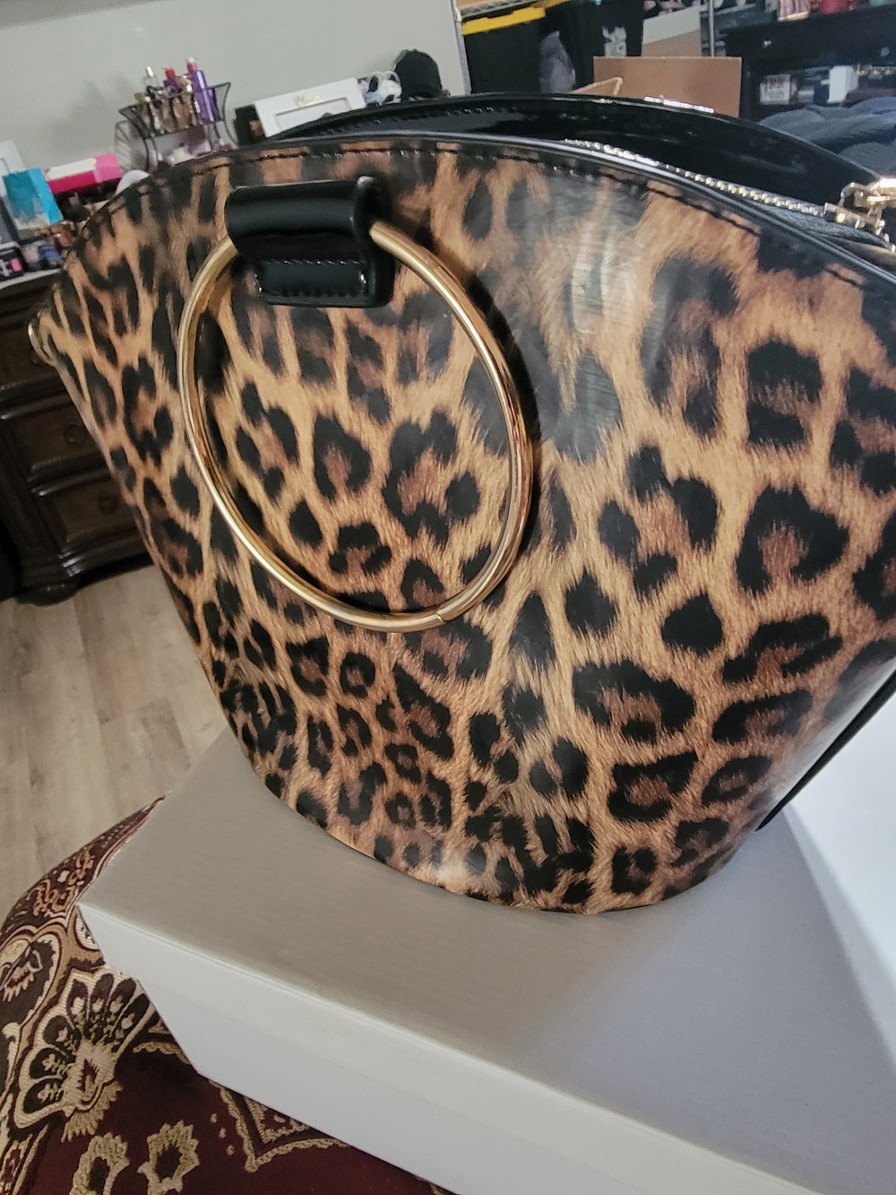 Leopard Print Tote with Gold Ring Handle - Brown